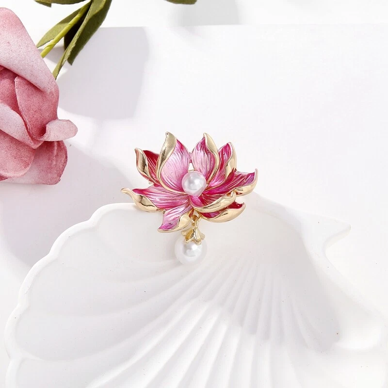 Flower Pearl Lotus Brooches Collar Pins Enamel Flower Party Office