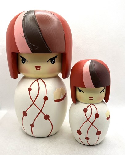 Japanese Wooden Kokeshi Dolls Large 9” Small  5.5” Pair Of 2 Pink White Red Hand Painted Valentines