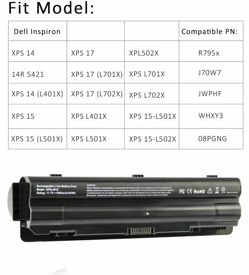 Аккумулятор 7800 мАч для Dell XPS 14 15 17 L401X L501X L502X L701X L702X R795X R795X - Изображение 3 из 4