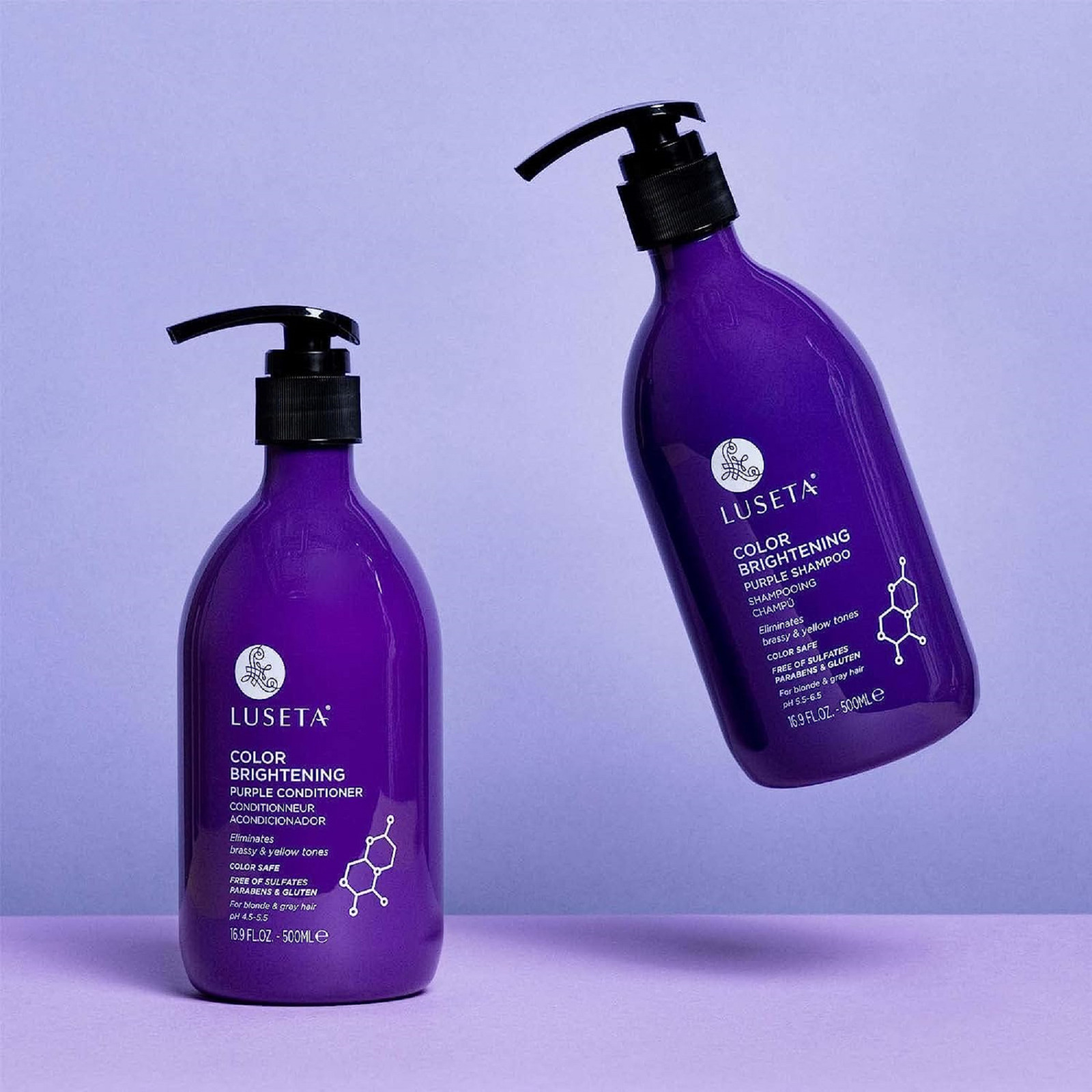 Juego de champ&uacute; y acondicionador morado para cabello rubio, gris, tratado color