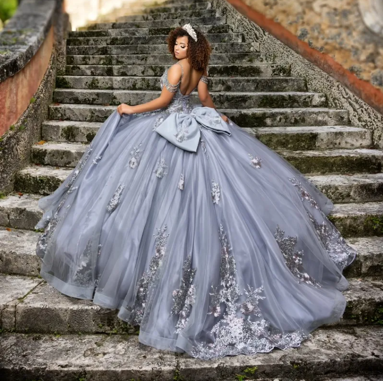 Grey Quinceanera Dresses Ball Gown Off The Shoulder Applique Lace