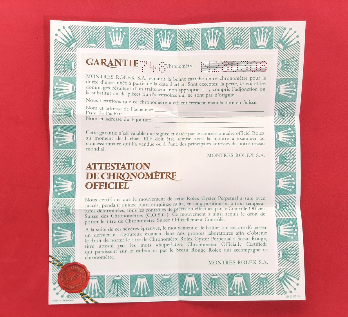 ROLEX 16613 保証書 ROLEX Submariner 16613 Warranty Guarantee Certificate N Serial