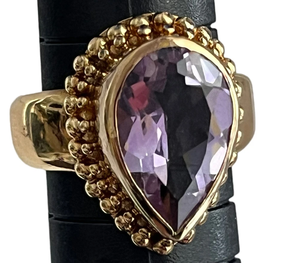 Conjunto de bisel de plata de ley enchapado en oro Sima K anillo de amatista en forma de pera 6 Foto 2 de 4