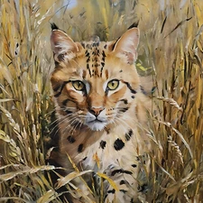ACEO Art Card Leopard Spotted House Cat Hunting in the grass