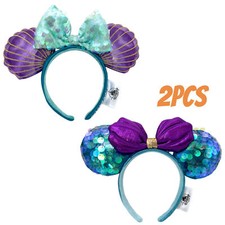 Disney Sequin Little Mermaid Ariel Dinglehopper Minnie Bow Ears Headband 2pcs