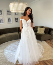 White Off-the-shoulder Lace Applique Sweep Train Wedding Dress for the Bride