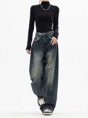 2023 High Waist Women's Jeans Harajuku Streetwear Femme Wide Leg Denim  Trousers