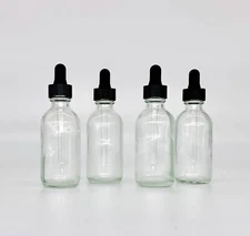 4 Pack - 2oz CLEAR Boston Glass Bottles with Glass Eye Dropper- New ! 60 ML 