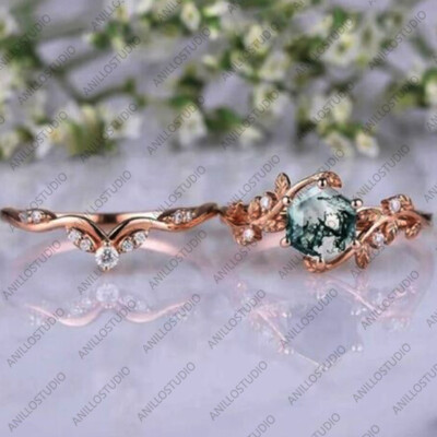 Hexagon Shape Moss Agate Diamond Engagement Band Ring Set 925