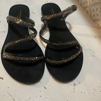 Ladies Cabana Black /Glitter Jewelled Slip On Shoes/sandals Size