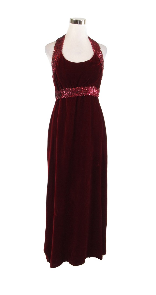 Maroon red velvet sequin trim empire waist vintage dress S | eBay