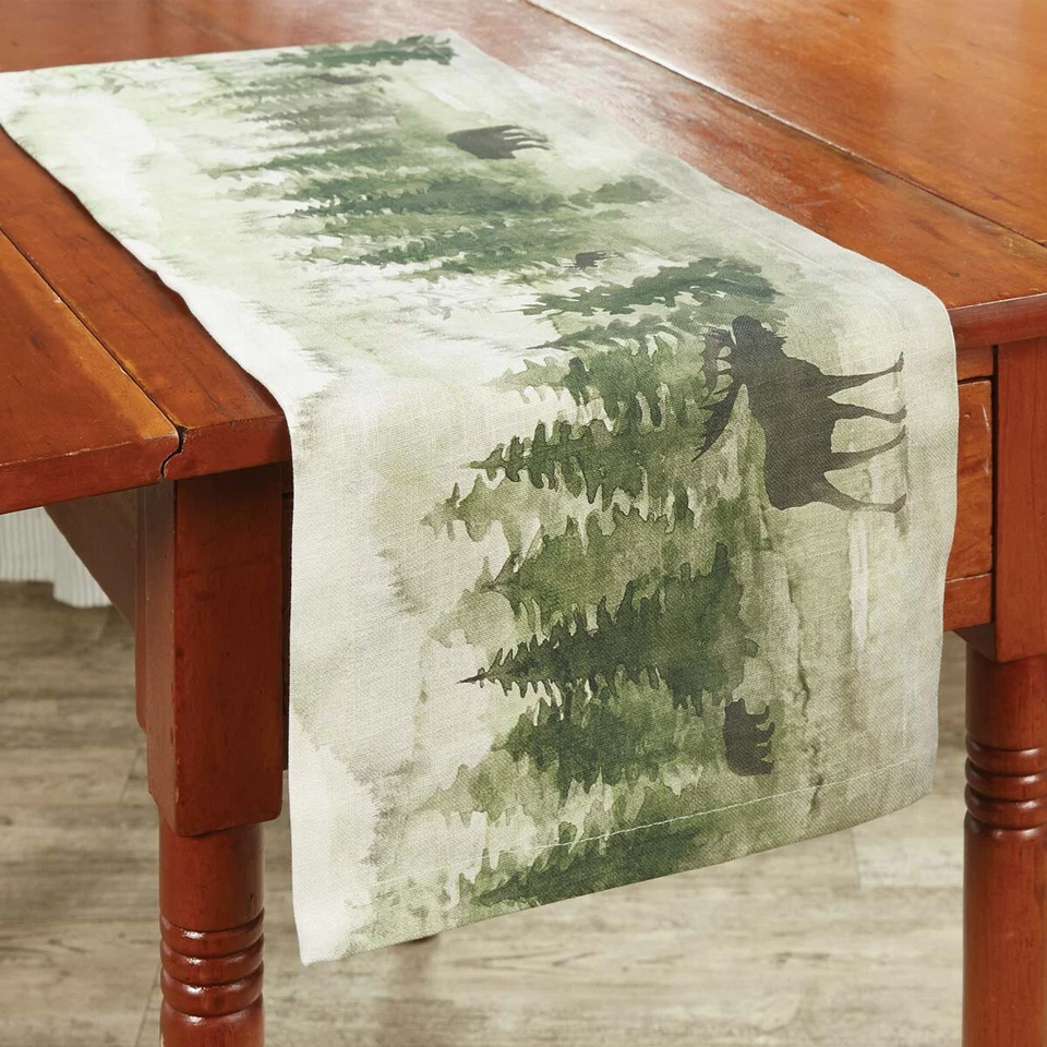 Watercolor Wildlife Moose Bear Print Cotton Rustic Country Cabin Table Runner - Image 2 of 3