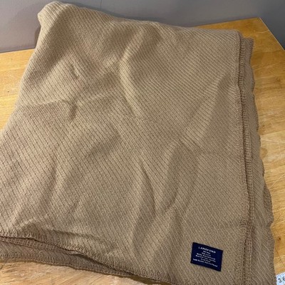 Lands End 100% Wool Blanket Full Tan Herringbone Made in USA Heritage Bedding