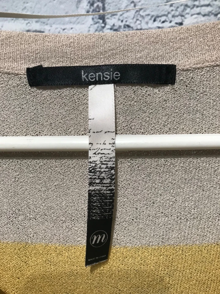 Suéter Pullover Kensie, M, Amarillo/Marrón/Negro Rayas Manga Larga Tejido Fino Foto 2 de 4