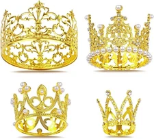 4 PCS Gold Crown Cake Toppers, Mini Crowns for Flower Bouquets Small Tiara...