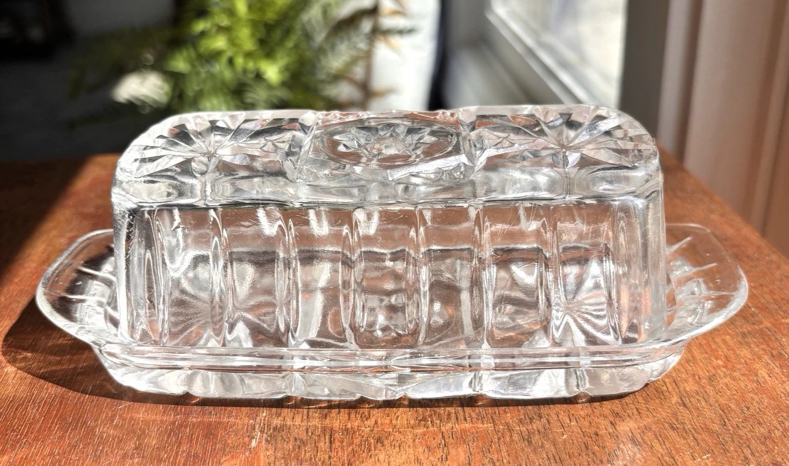 Vintage Clear Glass Butter Dish with Lid Star and Arch Covered Butter Tub MCM