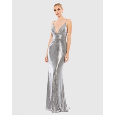 Ieena for Mac Duggal Silver Metallic Faux Wrap Spaghetti Strap V-Neck Gown Sz 10