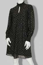 Tommy Hilfiger Women Black Foil-Dot Chiffon Smocked-Trim Dress Size 2