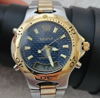 Elgin II Men's Two-Tone Stainless Steel Quartz Analog Digital Blue Dial Watch