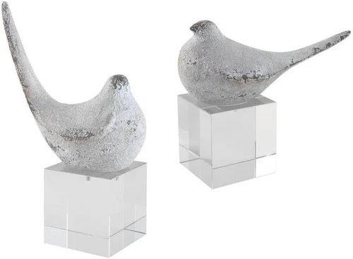 Charming Gray/Silver Bird Sculptures - Set of 2 for Elegant Decor - Picture 1 of 4