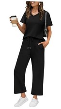 2 Piece Sets for Women Summer Lounge Set Wide Leg Pants Medium 1-black