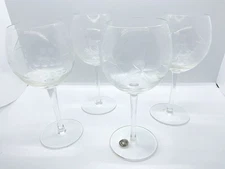 5 Romanian Etched Floral Crystal Wine Glasses- 9” Tall Set of 5
