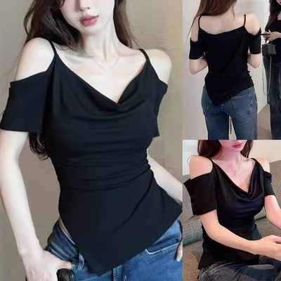 Damen T-Shirt Einfarbig Schulterfrei Tailliert Polyester für Urlaub