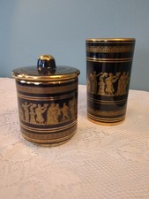 2 Pieces Neofitou 24k Gold Lidded Bowl & Cup Black + Gold Greece Greek Gods. HS