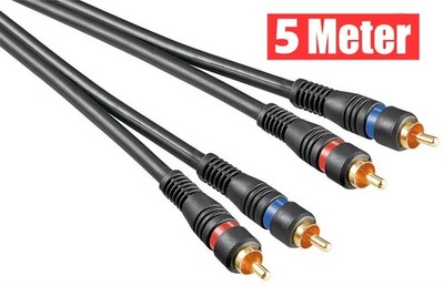 5m Stereo Cinchkabel, doppelt geschirmt vergoldet, 2x Chinch RCA auf 2x Cinch