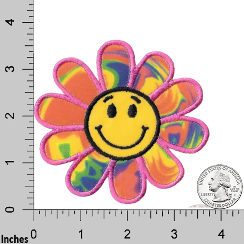 Happy Face Rainbow Daisy (2-Pack) Embroidered Flower Iron On Patch - Image 3 of 4