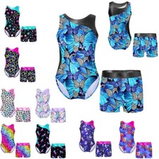 Kids Girls Printed Leotard Bodysuit with Shorts Outfit Gymnastics Dance Suit