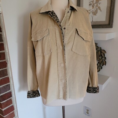 She And Sky Cut Off Corduroy Oversize Snap Front Jacket Animal Print Cuffs...
