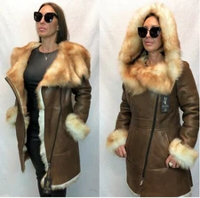 REAL 100% Sheepskin Shearling Leather Toscana Long Hair Coat Jacket Hood XS-7XL