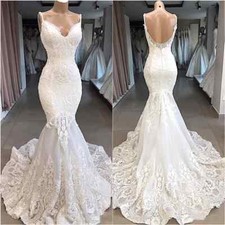 Luxury Mermaid Wedding Dress Spaghetti Strips Backless Lace Applique Bridal Gown