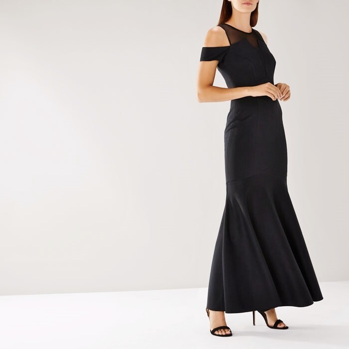 COAST LORNA SHEER YOKE BLACK COLD SHOULDER FISHTAIL MAXI