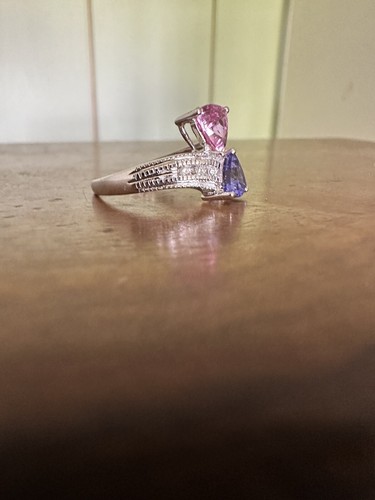 Pink Sapphire And Tanzanite 18k White Gold Crossover Ring With Diamond Shoulders - Picture 2 of 7