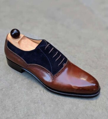 Handmade Men Brown Blue Brogue Round Toe Dress Leather Suede Lace Up Shoes  | eBay UK