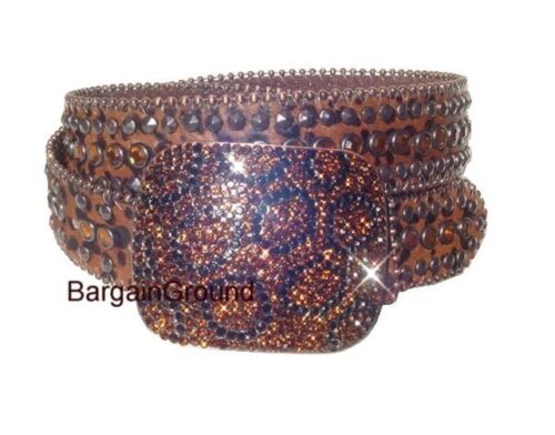 Brown Leopard Cheeta Animal Print Topaz Rhinestone Bling Hair on Leather Belt SM - Picture 1 of 1