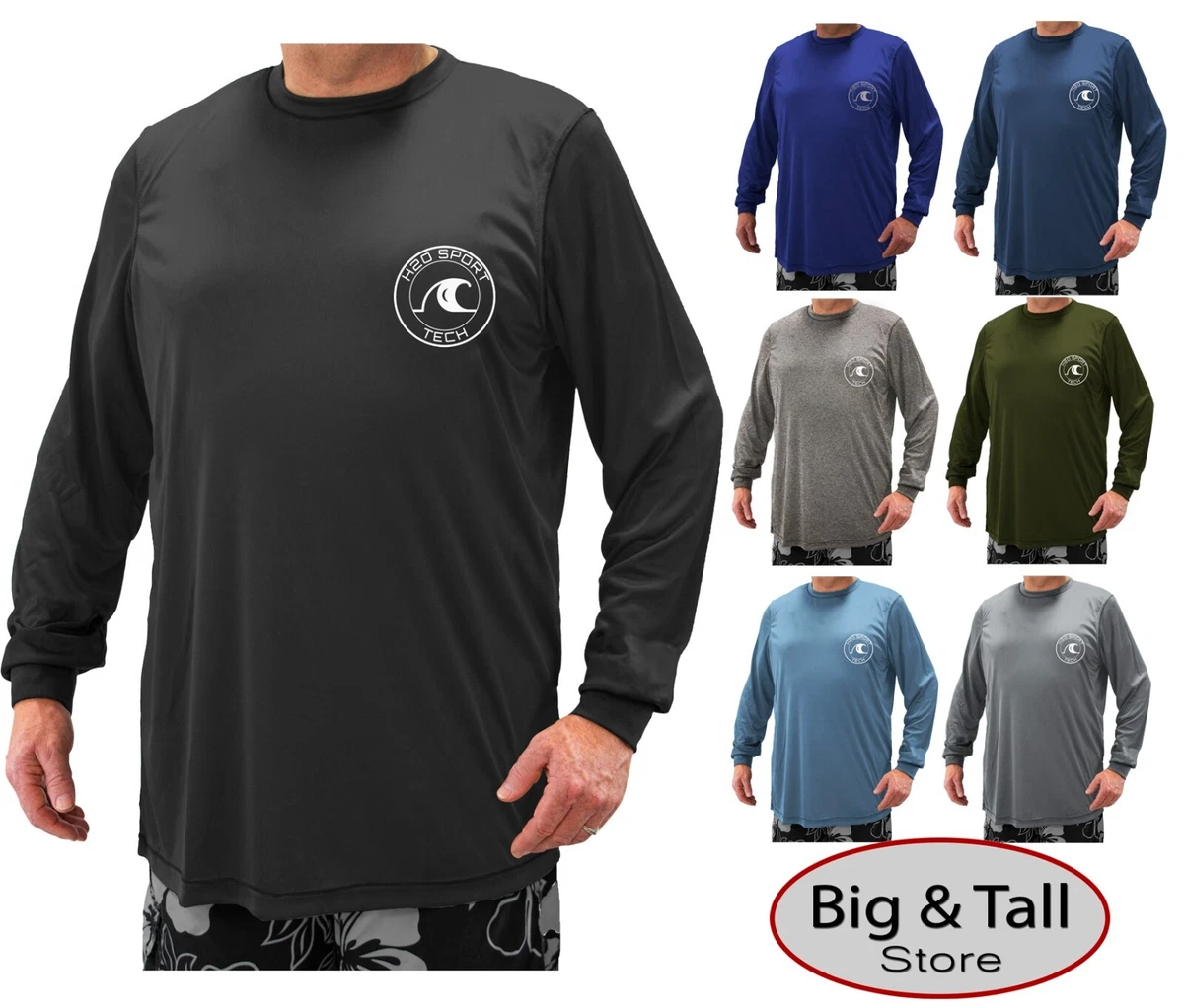 Big & Tall H2O Sport Tech Long Sleeve Swim Shirt - Loose Fit 2XL - 5XLT UPF  50+