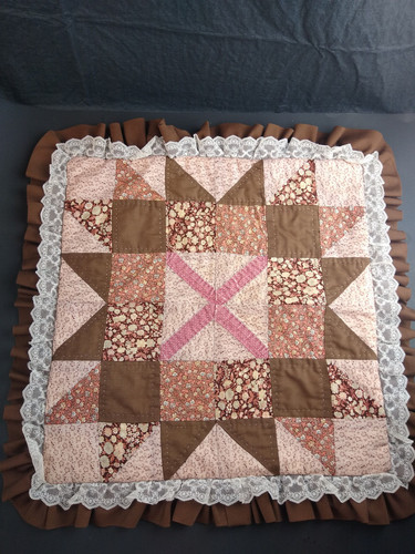 Vintage Quilt Pillow Cover Lace Ruffle Edging Brown Peach Floral for 14x14 inch 