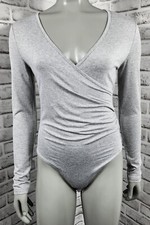 Mangopop Bodysuit Womens Medium Gray Long Sleeve V Neck Wrap Ruched Stretch