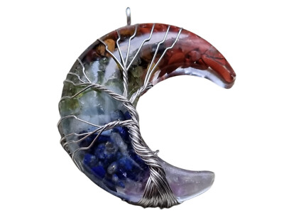 7 Chakra Mond Anhänger Halskette mit Baum des Lebens Amethyst Lapislazuli ua.