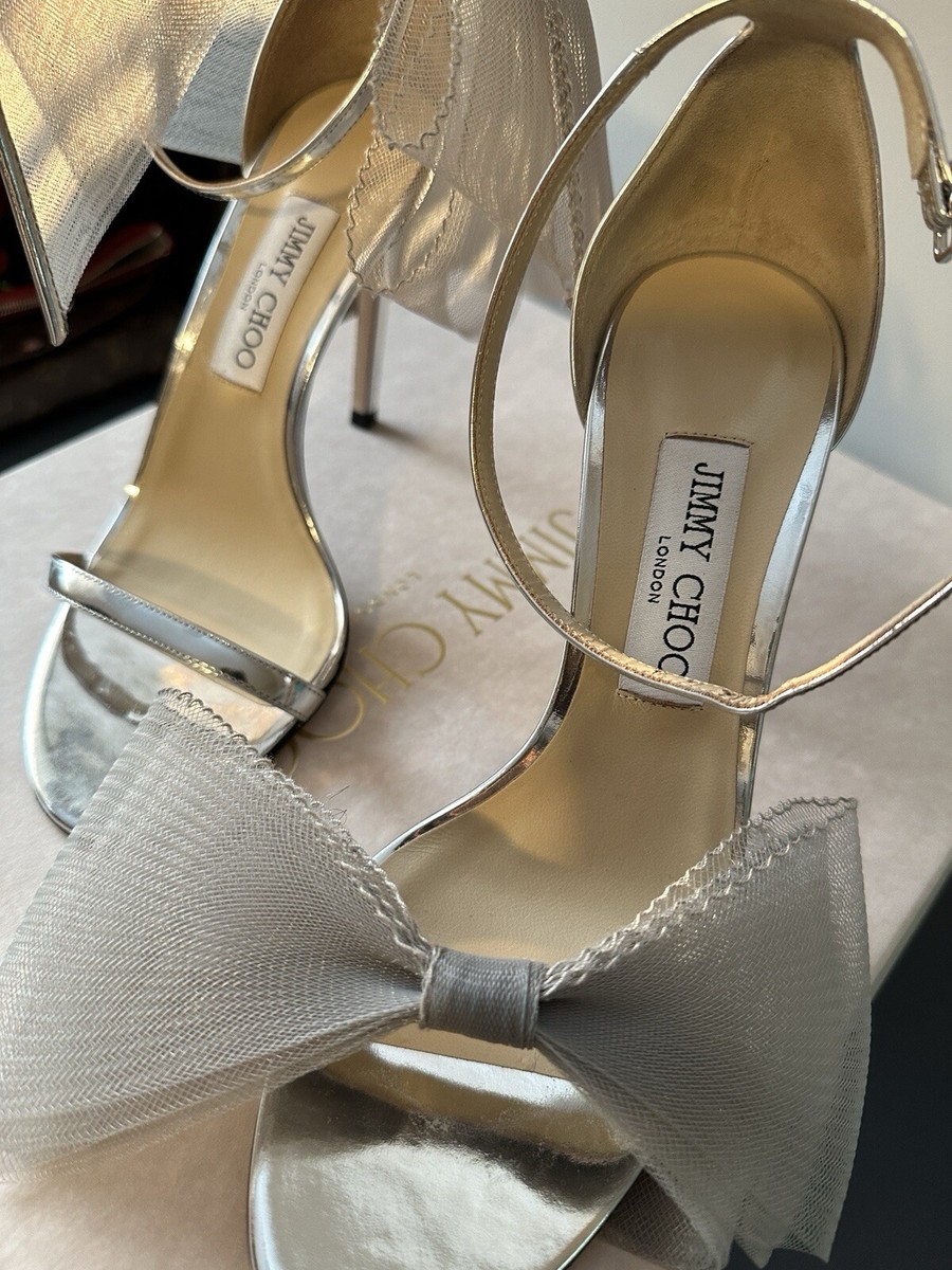 Jimmy Choo Aveline 100 High Heel Bow Ankle Strap Open Toe Silver