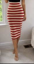 Bebe Red Beige Striped High-Waist Bodycon Midi Skirt Size XS