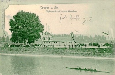 Ansichtskarte Pfalz um 1910 (b0102) Speyer Hafenpartie Bootshaus Ruderer
