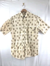  Woolrich 100% Cotton Tan Deer Motif Men's Short Sleeve Button Up Sz L 