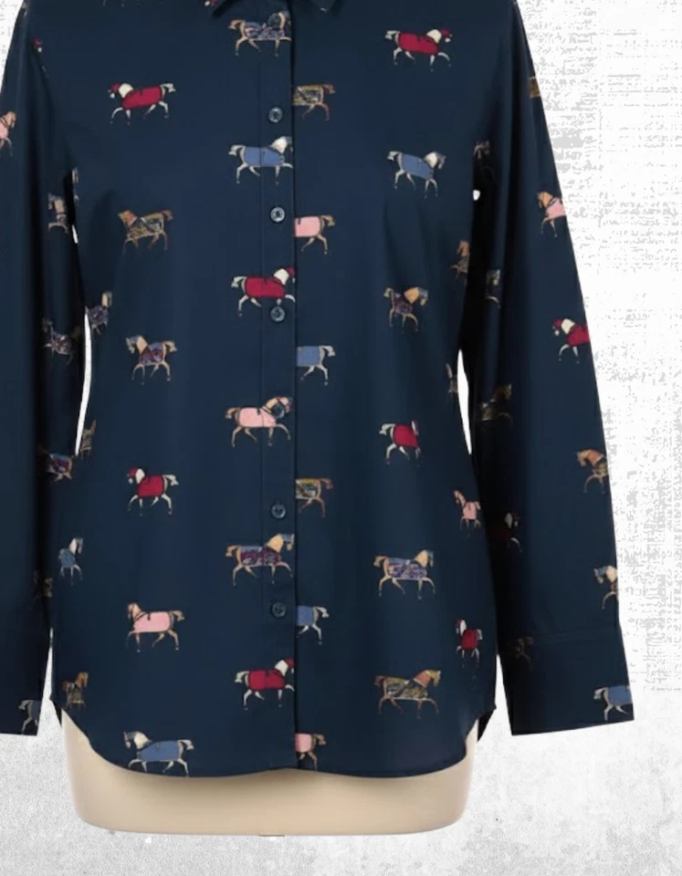 Women's Cotton Shirt Long Sleeve Amilla Collared Navy Horses Size 18 - Image 3 of 4