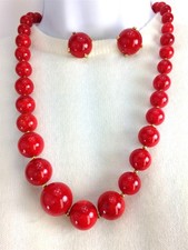 Vintage 23" Red Beads Choker Collar Beaded Necklace Strand  Clip Earrings