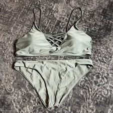 Sage Green Lattice Front Bikini Set Strappy V-Neck Two Piece Swimsuit Large