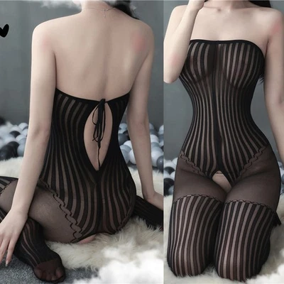 Sexy Damen-Body offener Schritt gestreift transparent ärmellos Einteiler Overal - Bild 1 von 4